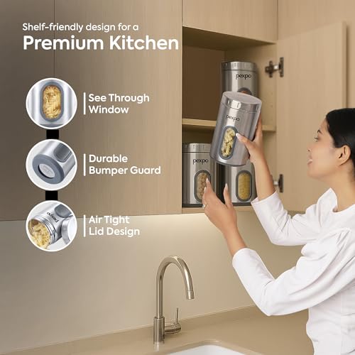 Image of Go24 pexpo Freshmate Stainless Steel Container 2000ml (Set of 4) | Transparent Kitchen Storage Container | Airtight | Multipurpose | Jar for Dry Fruits, Dal, Snacks, Tea, Coffee, Sugar - Matte Finish