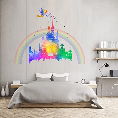 Anfigure Watercolor Rainbow Castle Wall Decals For Girls Bedroom Fairy Princess Wall Stickers Kids Room Baby Room Cute Nursery Wall Decor Mural Vinyl Peel And Stick Decorations #TOP2