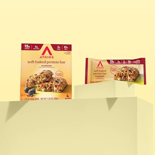 Image of Atkins Soft Baked Protein Bars, Blueberry, 15g Protein, 4g Net Carbs, 2g Sugar, Excellent Source of Fiber, High in Protein, 6 Packs (4 Bars Each)