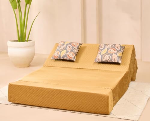 Image of uberlyfe Xtra High, Xtra Soft 2 Seater (4' x 6') Sofa Cum Bed| 1 Year Warranty |17 inch Sofa Height |Twin Size Foldable Bed |Plush Laser Quilted Fabric |2 Cushions Fall Leaf Pattern | Molten Caramel Color