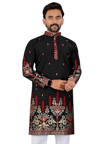 Image of Men's Cotton Silk Kurta with Jacquard Work Full Sleeves Floral Printed Side Slit and Mandarin Collar Neck | Kurta Pajama Set for Men Cotton Wedding | Short Kurta for Men