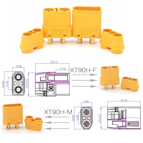 VUNIVERSUM 2 Paar (4 Stück) Original Amass XT90H Hochstrom Premium Goldstecker Verpolungsicher Stecker Buchse mit Schutzkappen Male Female 90A RC XT90 Modellbau