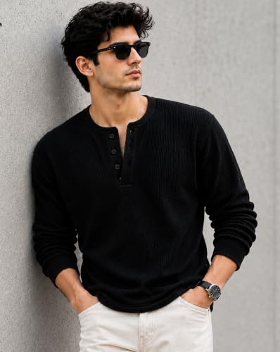 Image of AUSK Men's Henley Neck T-Shirt || Full Sleeve Ribbed Knit Textured T Shirt for Men || Regular Fit Casual Fashion Tshirt for Mens