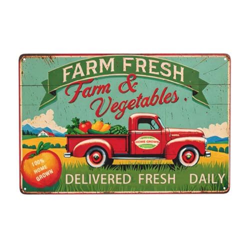 Vintage Farm Fresh Fruits & Vegetables メタル ブリキ看板 - 素朴なウォールアート装飾 キッチン、バー、男性の洞窟、ガレージ、庭用 - 12x8インチ レトロ ファームハウス ブリキ看板 カントリースタイル | 丈夫