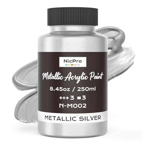 Nicpro Metallic Silver Acrylic Paint 8.45oz/250ml Silver Leaf Paint Non Toxic Non Fading Art Craft Paints for Canvas Wood Clay Fabric Metal Furniture Art Supplies