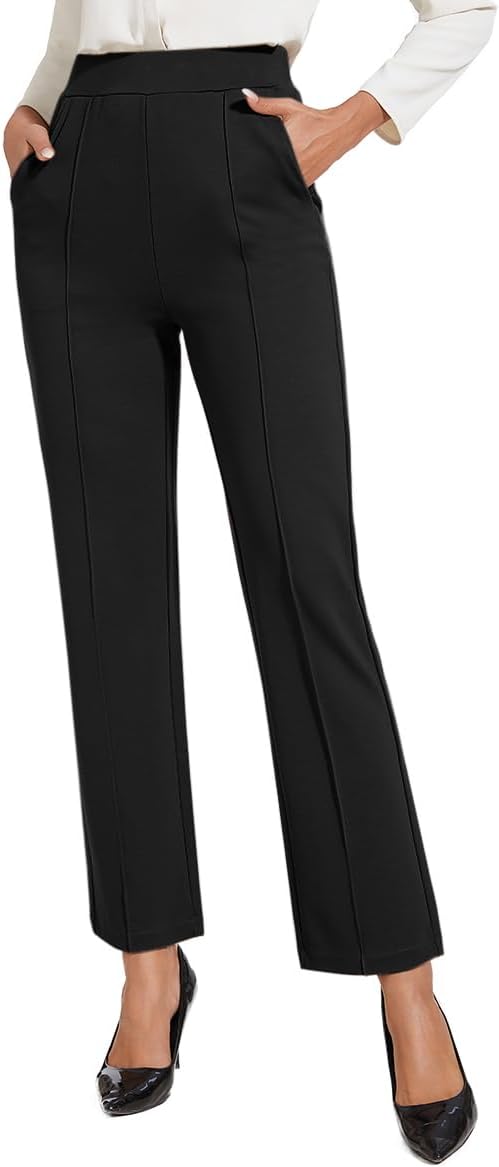 ZXIHZF Women's Classic Stretchy Pull On High Rise Pants Straight Leg Slacks