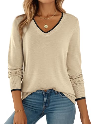 Image of Dokotoo Womens Sweaters Dressy Casual V Neck Lightweight Wool Tops | Long Sleeve,Fall Clothes,Ribbed Hem,Warm,comfort, Casual Knit Pullover
