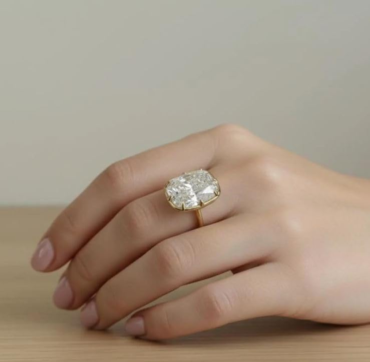 Elegant 4Ct Cushion Cut Solitaire Diamond Ring, 14K Gold Plated Large Cushion Diamond Engagement Ring, Statement Wedding Gift,Size 3-14.