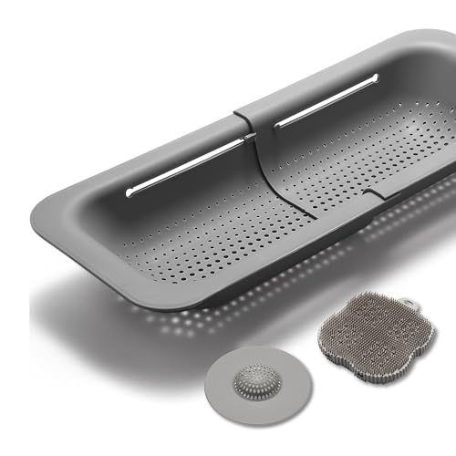 Black Sweden Home Scolapasta da Lavello grigio - Colino per Lavello Cucina Estensibile con Spugna Silicone e Filtro Scarico - 3 Pezzi - Accessori Lavello Cucina - Cestello Lavandino Cucina