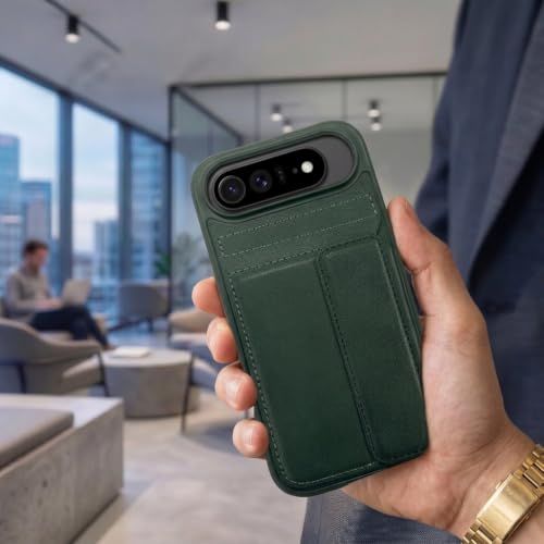Image of amazon basics Luxury Vegan Leather Back Cover for iPhone 17 Air | Built-in Card Holder Slot | Integrated Mobile Stand | Slim Shockproof Protective Case with Stitched Finish - Green