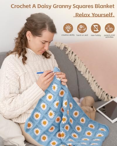 Image of Katech Crochet Kit for Beginners - Granny Square Blanket with Daisy Squares, Step-by-Step Tutorials - Blue