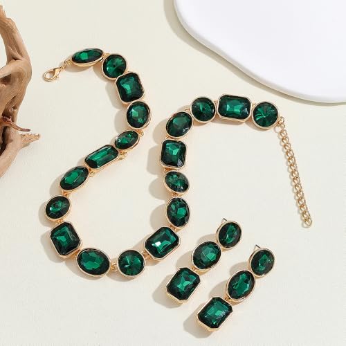 Octwine Green Rhinestones Necklace Teardrop Dangle Earrings Set for Women Bridal Wedding Prom Green Rhinestones Necklace Rhinestone Crystal Christmas Statement Necklace Earrings Set for Women4