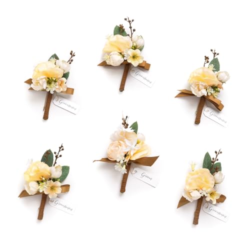 Ling's moment Boutonniere for Men, 6pcs Earth Brown & Soft Peach