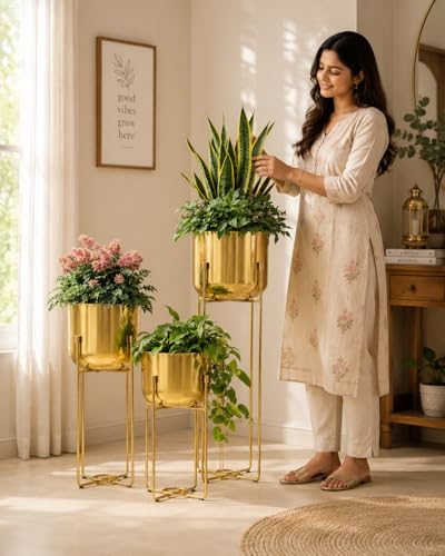 Image of Gold Metal Planters Set of 3 with Stands, 16 /19 /24.5 Inch Tall Decorative Indoor Plant Pots for Living Room, Balcony & Office