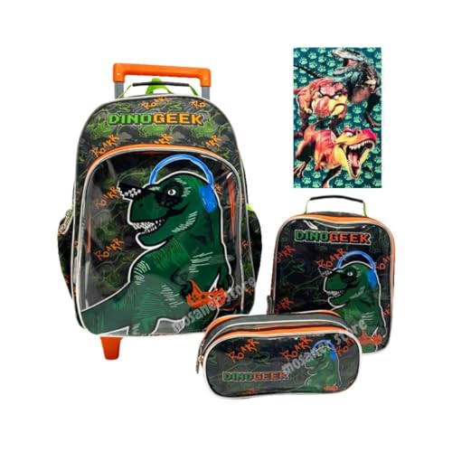 Kit Mochila Rodinhas Masculino Dinossauro + lancheira + estojo