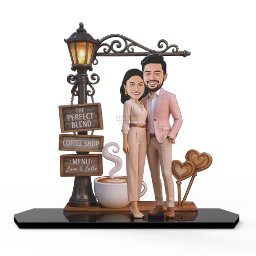 Image of Wood Rectangular Personalized Caricature Gift for Couple, 7 Inches, Tabletop Multicolor, Art Deco Style (COUPLE 14)