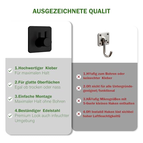 Nordkai Handtuchhaken ohne Bohren 6er Set selbstklebende Wandhaken aus Edelstahl schwarz wasserfest rostfrei für Bad Küche WC Fliesen Glas und glatte Oberflächen bis 5 kg