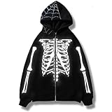 seiveini Sudadera con Capucha para Mujer Y2k Chaqueta con Cremallera Estampado de Esqueleto Mariposa Pedrería de Manga Larga con Bolsillos Sudadera Taladro de Agua Holgada A15 Blanco S