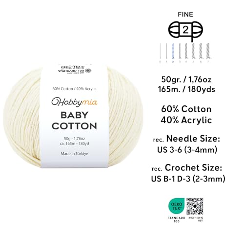 Image of Baby Cotton Blend Yarn - Soft Sport Weight Yarn for Crochet & Amigurumi - 50g /180yds - 60% Cotton 40% Acrylic - Ideal for Baby & Knitting Proj.(Cream, 1 Ball)