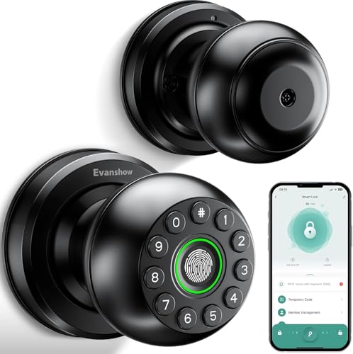 Evanshow Smart Door Knob Fingerprint Lock 4-in-1 Keyless Entry (Fingerprint/App/Code/Key) Biometric Door with Auto-Lock Easy Install for Home/Bedroom/Office-Black
