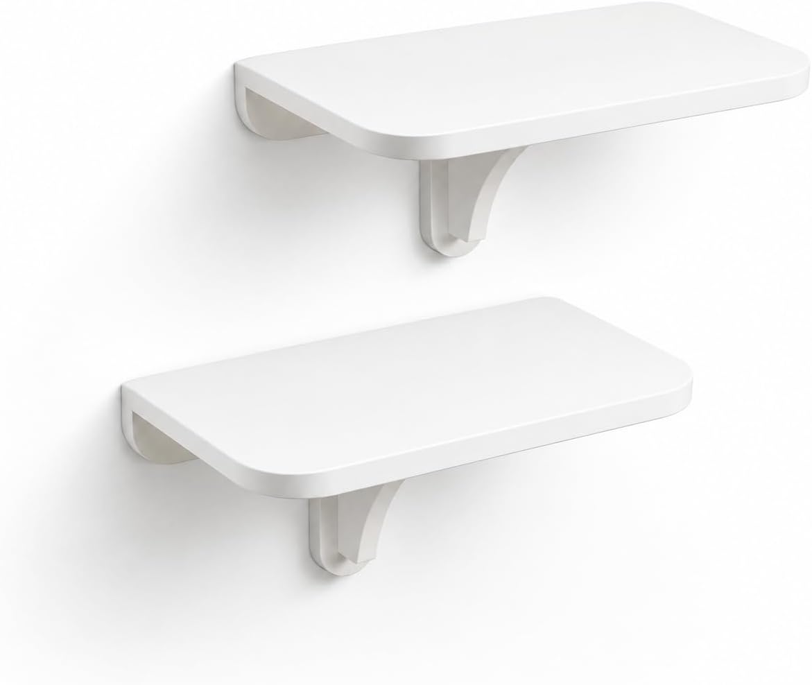 WELLAND 11.8" x 8.25" White Wall Mounted Desk Small Floating Shelves Set of 2 Folding Wall Shelves Drop-Leaf Table Fold Down Desk for RV, Camper, Loft Beds