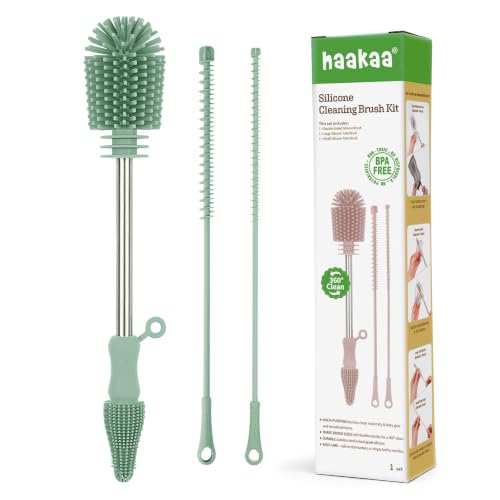 haakaa Silicone Cleaning Brush Kit - Baby Bottle Brush Cleaner for Breast Pump,Nipple,Breast Milk Storage Bag,Reusable Straw,Sippy Cup - Food Grade Silicone Bristles, Portable - 3 Pcs - Pea Green