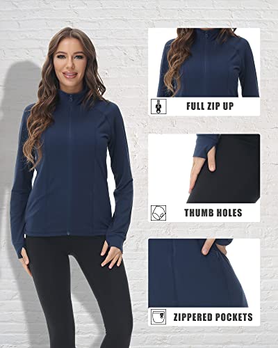 Cozziplus Women Workout Zip Up Running Athetic Jacket-Women Stretchy Yoga Zip Top With Thumb Holes And 2 Pockets (Navy,Xl) #TOP4