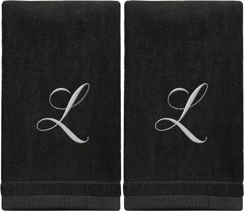 Monogrammed Towels Fingertip, Personalized Gift, 11 x 18 Inches - Set of 2 White Embroidered Towel - Extra Absorbent 100% Cotton - Soft Velour Finish - For Bathroom/ Kitchen/ Spa - Initial L (Black)