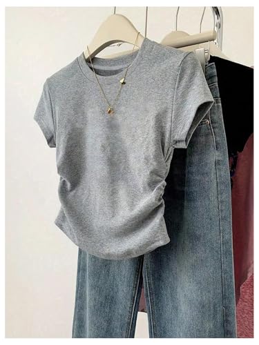 OYOANGLE Girl's 3 Pack Short Sleeve Tight T Shirt Set Crew Neck Ruched Shirts Summer Casual Tops4