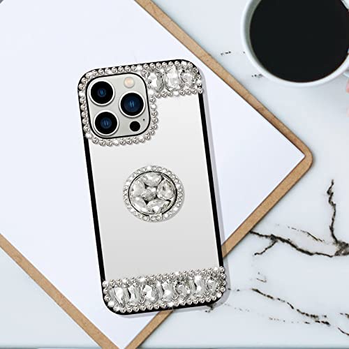 Jicekry Compatible With Iphone 14 Pro Max Mirror Case With Ring Holder Bling Diamond Glitter For Girls Women Makeup Cute Sparkly Shiny Rhinestone Kickstand Finger Grip Stand Luxury Phone Case Silver #TOP4