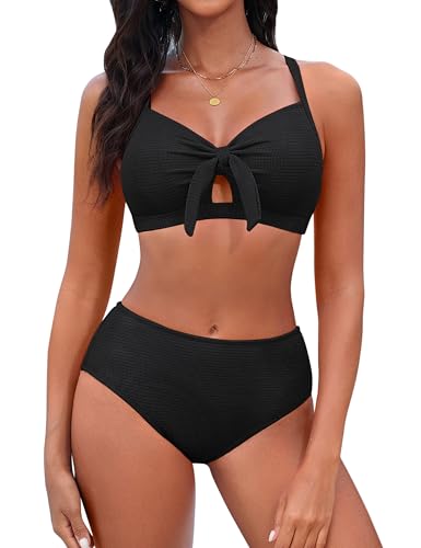 Image of Blooming Jelly Womens High Waisted Bikini Sets Tie Knot Tummy Control Swimsuits Two Piece Bathing Suit Textured Swimwear