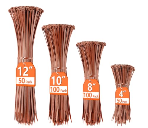 200pcs Brown Zip Ties 12+10+8+4 Inch Heavy Duty Cable Ties with 55-22lb Strength PA66 Self-Locking Nylon Wire Ties for Christmas Farming Fence Garden Trellis UV Resistant