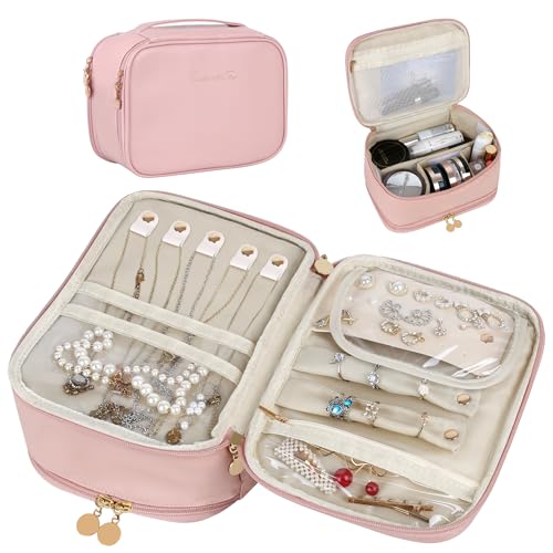 Kendal Large Capacity Travel Makeup Organizer with Jewelry Storage, PU Leather Travel Toiletry Bag with Brush Holders, Zipper Pockets & Clear Divider, Travel-Friendly Vanity Case for Women, Pink