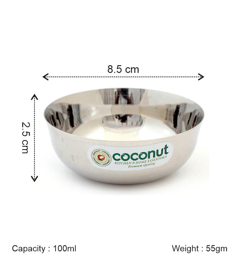 Image of coconut Stainless Steel Chaliya Bowl /Vati /Katori - Set of 6 -Diamater 8.5 Cm - Capacity Each Bowl 100 ML