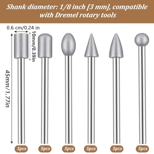 30 Stück Diamond Schleifstifte Set für Zubehör, Rotationsfräser Bohrfräswerkzeug Set, Hochwertige Diamantbeschichtung für Stein, Glas, Schnitzen, Jade, Hartholz, Fliesen, Keramik