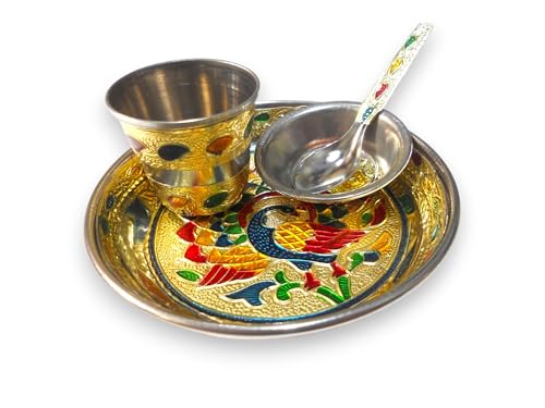 Image of Shree Hanuman Creations Laddu Gopal| Thakur ji| khanha| Bal Gopal ke Bartan /Pooja thali Small- 4 pcs Set - Multicolor Minnakari Stainless Steel Bhog Thali with Glass, Bowl and Spoon