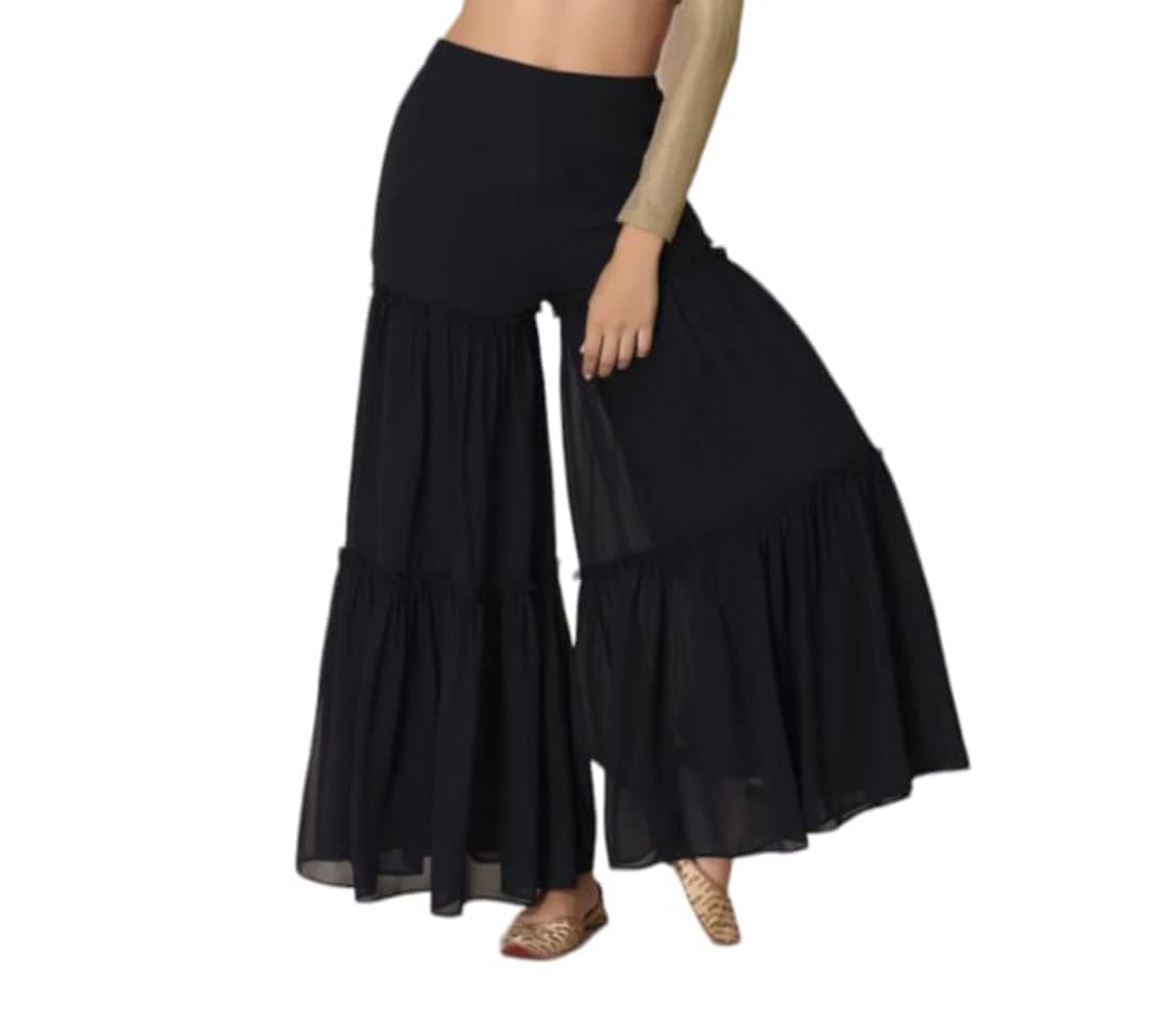 Georgette Relaxed Fit Casual Flared Black Gharara Sharara Ethnic Bottom Wear Flared Palazzo Pants for Women,-image-42