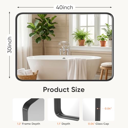 Image of Sweetcrispy Bathroom Wall Mirror, 40x30 Inch Wall Mount Mirror for Over Sink, Modern Rounded Rectangle Vanity Mirrors with Matte Metal Framed, for Home Decor, Living Room, Bedroom, Black