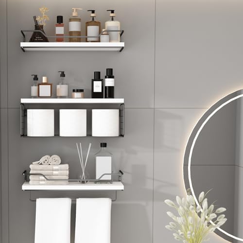 TACHWD Floating Shelves Wall Mounted,Wood Bathroom Shelf Over Toilet with Paper Storage Basket, Wall Decor Farmhouse Floating Shelf for Bedroom, Living Room, Kitchen,Office (White) - Thumbnail 2