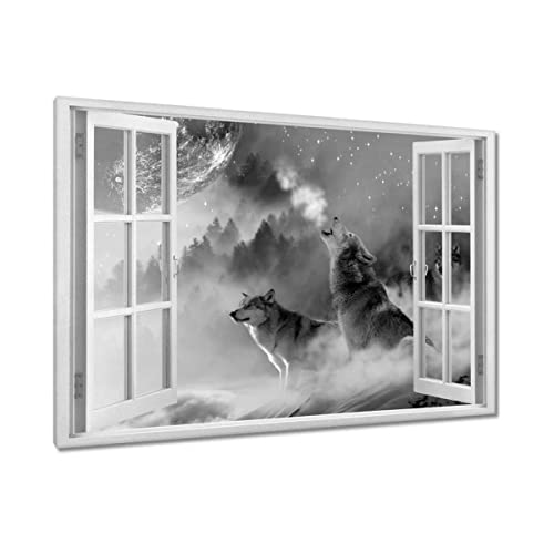 Tableau loup hurlant à la lune pour briser la monotonie d'un mur blanc 90x60 cm