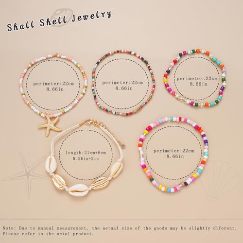 Image of Boho Shell Ankle Bracelet Set for Women, 5 Pairs 14K Boho Bead Handmade Adjustable Anklet, Hawaiian Beach Seashell Starfish Foot Jewelry Gifts