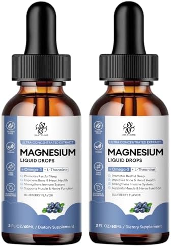 (2 Pack) Magnesium Glycinate Liquid Drop with Citrate, Oxide and Taurate, Calm Magnesium with Omega3, L-Theanine, D3, B6, B12 for Calm, Sleep, Leg Cramps, Muscles, Energy, Sugar-Free Blueberry Flavor