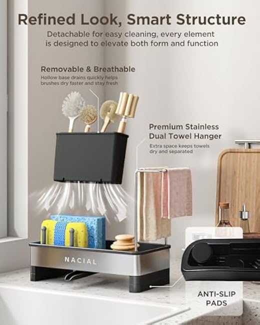 Nacial Kitchen Sink Caddy Organzier with High Brush Holder, Sponge Holder for Kitchen Sink with Two Towel Racks & Soap Dispenser- Rustproof 304 Stainless Steel Kitchen Countertop Storage Essentials