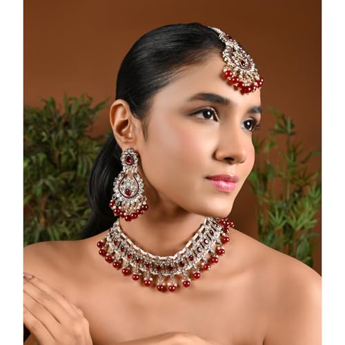 Image of I Jewels Gold Plated Traditional Kundan Pearl Drop Choker Necklace Jewellery With Earrings & Maang Tikka Set For Women /Girls