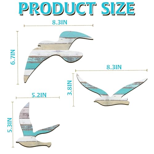 HINGTAI 3Pcs Wood Seagull Beach Wall Decor, Wall Art Beach Decorations Nautical Self-adhesive Seagull Decorations Coastal Themed Decors, Beach Seagull Ocean Decorations for Home Bedroom Living Room - Image 6