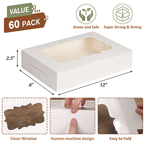 TOMNK 60pcs Bakery Boxes, 12x8x2.5 Inches 3 Style Cookie Boxes, Treat Boxes with Window for Candies, Chocolate Strawberries, Cakes, Muffins, Donuts - Thumbnail 2