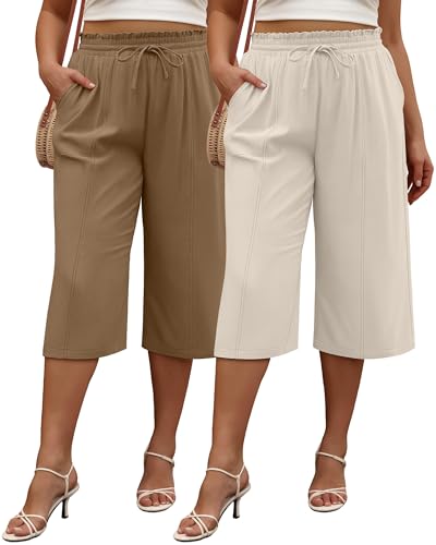 Neer 2 Pack Women's Plus Size Linen Capri Pants Wide Leg High Waisted Drawstring Lounge Palazzo Casual Trousers with Pockets
