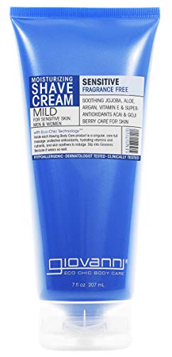 GIOVANNI Moisturizing Shave Cream, 7 oz. for Sensitive Skin, Fragrance Free with Soothing Aloe, Jojoba, Argan and Super Antioxidants Acai & Goji Berry, for Men & Women, Hypoallergenic (Pack of 1)