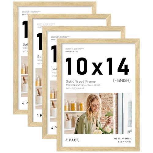 Image of 10x14 Picture Frame Set of 4, Natural Solid Wood Picture Frames, Display 10x14 Photos without Mat, Horizontal or Vertical Wall Mounting Poster Frame, Oak Wood Grain
