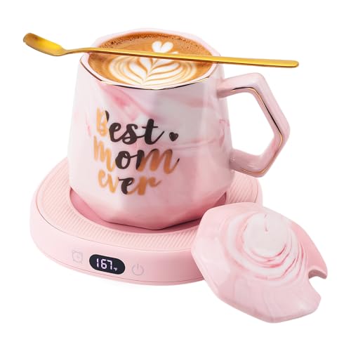 Image of Coffee Mug Warmer & Best MOM Ever Mug Set, Smart Heated Electric Cup Warmer for Desk Office, 4 Temperature Control Beverage Tea Coffee Warmer, 8h Auto Shut Off Candle Plate, Women Mom Gifts from Son